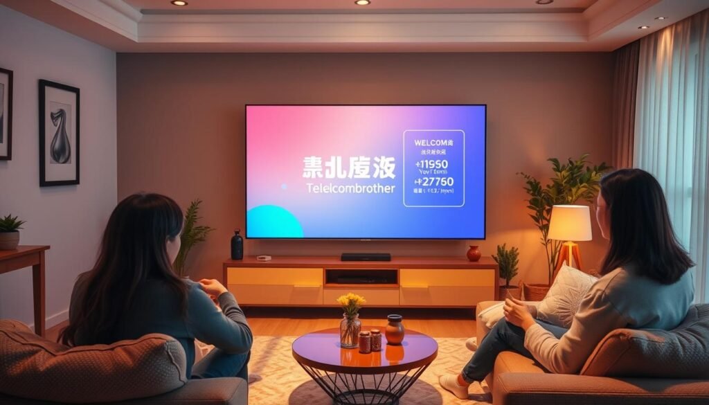 A cozy, family-friendly living room with a large flatscreen TV prominently displayed. The TV screen showcases the "Telecombrother" brand logo and a visually appealing "轉台優惠" offer, highlighted by warm, soft lighting and a welcoming atmosphere. The room is tastefully decorated with modern furniture, plush textiles, and personal touches that create a sense of comfort and homeliness. The overall composition emphasizes the idea of a "家庭式轉台優惠", inviting the viewer to imagine themselves enjoying the benefits of this telecom provider's plan within the context of a relaxing, family-oriented setting.
