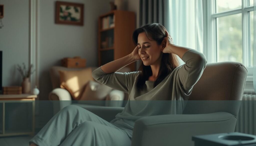 A cozy home setting with a person sitting on a comfortable chair, deep in concentration as they perform gentle exercises and stretches to alleviate their persistent ringing ears. Soft, diffused natural lighting filters through a nearby window, creating a serene and calming atmosphere. The background features soothing, muted colors and minimal clutter, allowing the viewer to focus on the subject's restorative activities. The overall scene conveys a sense of peaceful contemplation and proactive self-care, capturing the essence of the section title. A cozy home setting with a person sitting on a comfortable chair, deep in concentration as they perform gentle exercises and stretches to alleviate their persistent ringing ears. Soft, diffused natural lighting filters through a nearby window, creating a serene and calming atmosphere. The background features soothing, muted colors and minimal clutter, allowing the viewer to focus on the subject's restorative activities. The overall scene conveys a sense of peaceful contemplation and proactive self-care, capturing the essence of the section title.