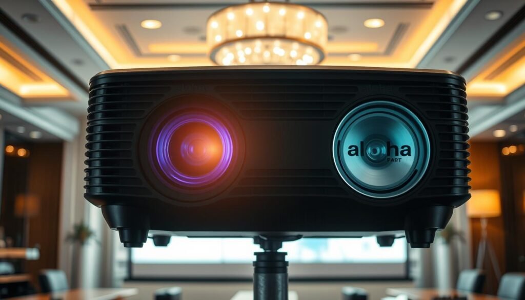 A large, high-powered commercial projector with the Aloha brand logo prominently displayed. The projector is positioned on a sturdy stand, with a bright, high-contrast image projected onto a large projection screen in the middle ground. The background features a modern office or conference room setting, with tasteful decor and ambient lighting. The projector's lens is crisp and in focus, conveying a sense of clarity and precision. The overall mood is professional and polished, highlighting the power and versatility of the Aloha commercial projector.