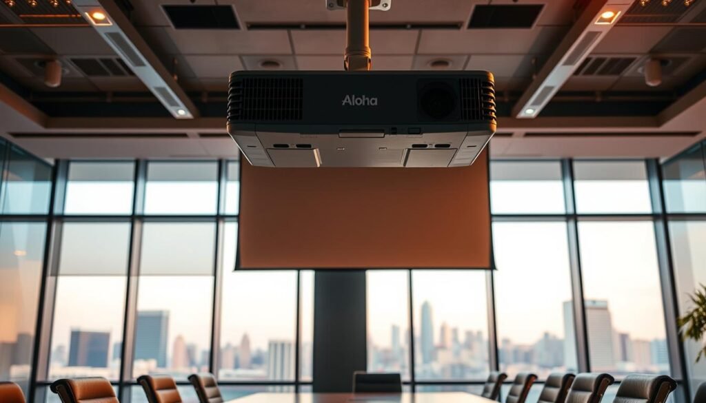 A modern commercial projector setup in an office environment, featuring the Aloha brand. The projector is mounted on the ceiling, aimed at a large, sleek projection screen. The lighting is warm and focused, creating a professional, well-lit atmosphere. The middle ground includes a conference table with stylish chairs, and the background showcases a panoramic city skyline visible through floor-to-ceiling windows. The image conveys a sense of productivity, technology, and attention to design in a sophisticated commercial space.