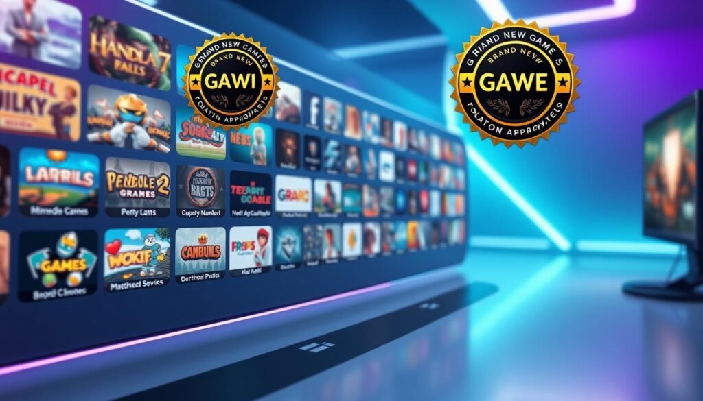 A modern, sleek game selection interface featuring an array of brand new game titles on display, each with a quality approval badge from the Glowin Beaute game curation team. The foreground showcases close-up views of several game icons, icons, and UI elements, while the middle ground presents a clean, minimalist layout with subtle lighting and shadows. The background suggests a high-tech, futuristic ambiance with a soft, blurred gradient in shades of blue and purple. The overall composition conveys a sense of professionalism, quality, and innovation in the game selection and review process. A modern, sleek game selection interface featuring an array of brand new game titles on display, each with a quality approval badge from the Glowin Beaute game curation team. The foreground showcases close-up views of several game icons, icons, and UI elements, while the middle ground presents a clean, minimalist layout with subtle lighting and shadows. The background suggests a high-tech, futuristic ambiance with a soft, blurred gradient in shades of blue and purple. The overall composition conveys a sense of professionalism, quality, and innovation in the game selection and review process.
