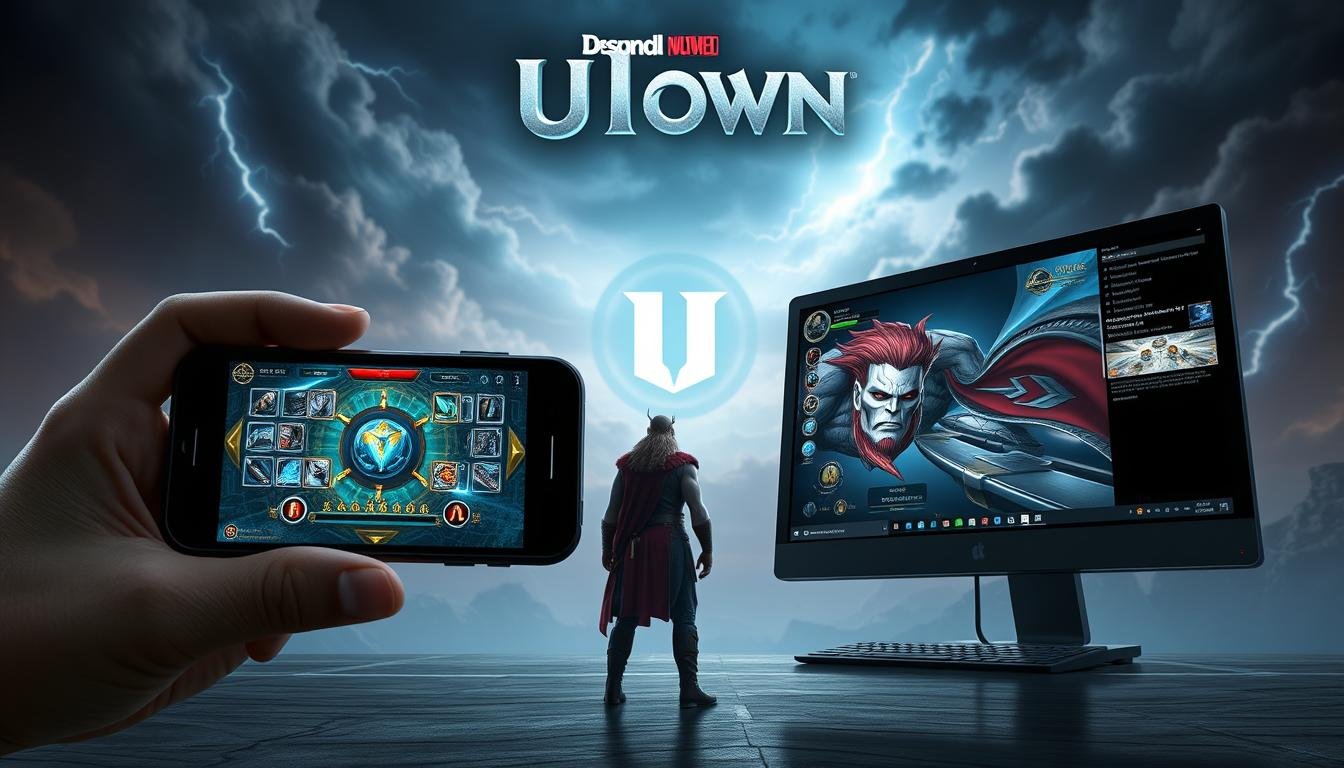 A detailed comparison of the mobile and computer versions of the &quot;Mjolnir&quot; game experience. In the foreground, two side-by-side displays showing the game's UI and gameplay on a smartphone and a desktop computer. The smartphone screen depicts a vibrant and responsive touch-based interface, while the computer screen showcases a more complex and visually stunning version with advanced graphics and controls. In the middle ground, a character from the &quot;Thor&quot; universe, likely the Norse god himself, stands observing the two platforms, evaluating the differences. The background features a dramatic, moody environment with swirling clouds, lightning, and the iconic UTown logo, establishing the fantastical setting of the game.