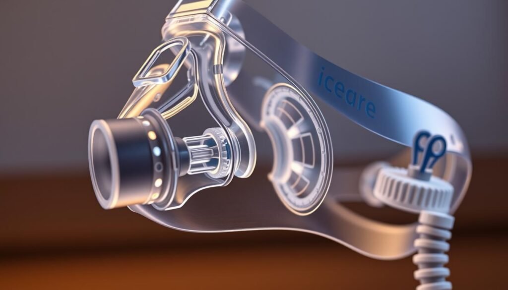 A detailed cross-section view of an iCareCPAP sleep apnea mask and ventilation system. The mask is crafted with transparent, medical-grade silicone, allowing a clear view of the intricate air channels and airflow vents. The forefront showcases the flexible nasal pillows, gently sealing against the nostrils. In the middle ground, the mask's internal structure is visible, featuring a series of baffles and diffusers that optimize air circulation and CO2 expulsion. The background depicts the hose attachment, seamlessly integrating the mask with the sleep apnea machine. Soft, indirect lighting illuminates the scene, emphasizing the device's precision engineering and medical-grade quality.