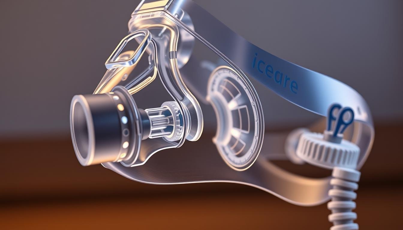 A detailed cross-section view of an iCareCPAP sleep apnea mask and ventilation system. The mask is crafted with transparent, medical-grade silicone, allowing a clear view of the intricate air channels and airflow vents. The forefront showcases the flexible nasal pillows, gently sealing against the nostrils. In the middle ground, the mask's internal structure is visible, featuring a series of baffles and diffusers that optimize air circulation and CO2 expulsion. The background depicts the hose attachment, seamlessly integrating the mask with the sleep apnea machine. Soft, indirect lighting illuminates the scene, emphasizing the device's precision engineering and medical-grade quality.