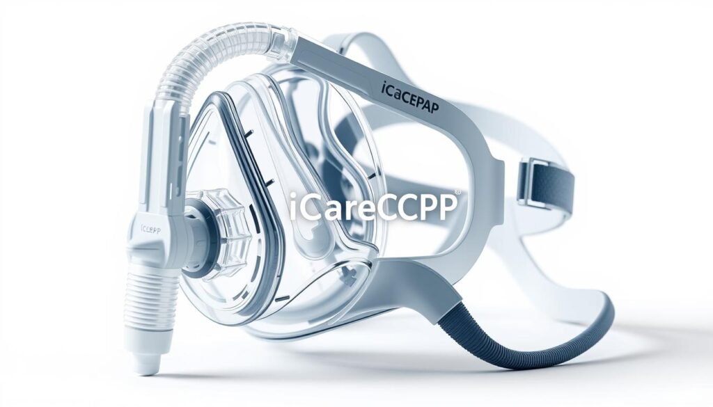 A detailed medical-grade respiratory mask with the iCareCPAP logo, prominently displayed. The mask is rendered in a high-fidelity, realistic style, showcasing its intricate ventilation system, flexible silicone construction, and adjustable straps. The mask is set against a clean, white background, with soft, directional lighting that accentuates its form and materials. The overall composition emphasizes the mask's technical functionality and design, conveying its role in the effective management of CO2 levels during sleep apnea treatment. A detailed medical-grade respiratory mask with the iCareCPAP logo, prominently displayed. The mask is rendered in a high-fidelity, realistic style, showcasing its intricate ventilation system, flexible silicone construction, and adjustable straps. The mask is set against a clean, white background, with soft, directional lighting that accentuates its form and materials. The overall composition emphasizes the mask's technical functionality and design, conveying its role in the effective management of CO2 levels during sleep apnea treatment.