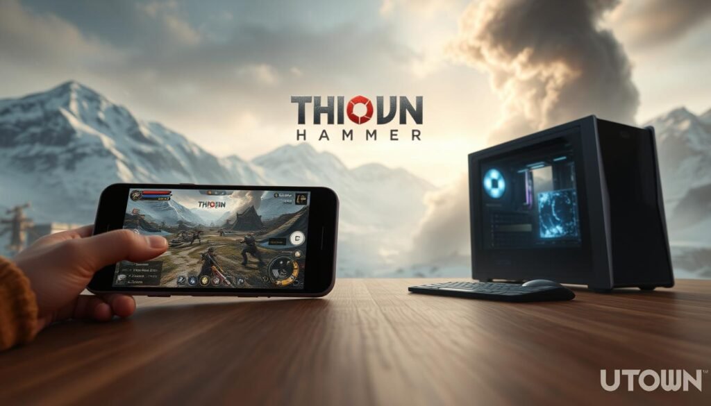A detailed scene contrasting the visual and interactive differences between the mobile and desktop versions of the Norse mythology-inspired action game "Thor's Hammer". In the foreground, a sleek, minimalist mobile device displays the game's combat and exploration, with intuitive touch controls and an optimized UI. In the middle ground, a powerful gaming PC showcases the same game with enhanced graphics, immersive lighting, and more complex inputs via keyboard and mouse. The background depicts a dramatic Nordic landscape of snow-capped mountains, raging storms, and the UTown logo, setting the mythical tone. The scene conveys the nuanced user experience between the portable and desktop iterations of "Thor's Hammer". A detailed scene contrasting the visual and interactive differences between the mobile and desktop versions of the Norse mythology-inspired action game "Thor's Hammer". In the foreground, a sleek, minimalist mobile device displays the game's combat and exploration, with intuitive touch controls and an optimized UI. In the middle ground, a powerful gaming PC showcases the same game with enhanced graphics, immersive lighting, and more complex inputs via keyboard and mouse. The background depicts a dramatic Nordic landscape of snow-capped mountains, raging storms, and the UTown logo, setting the mythical tone. The scene conveys the nuanced user experience between the portable and desktop iterations of "Thor's Hammer".