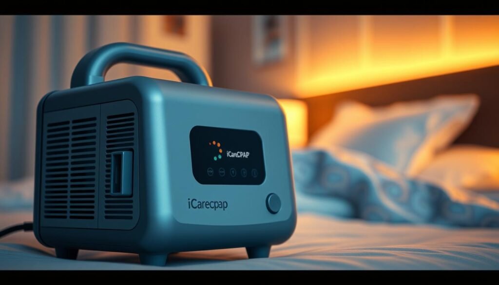 A detailed, well-lit image of the iCareCPAP sleep apnea machine. The device is positioned in the foreground, showcasing its sleek, modern design with a high-quality matte finish. The background features a blurred, dimly lit bedroom setting, emphasizing the machine's role in the sleep environment. The lighting is soft and warm, creating a calming atmosphere. The camera angle is slightly elevated, providing a clear view of the machine's key features, including the air intake, exhaust, and control panel. The image conveys the machine's sophistication and effectiveness in optimizing sleep breathing. A detailed, well-lit image of the iCareCPAP sleep apnea machine. The device is positioned in the foreground, showcasing its sleek, modern design with a high-quality matte finish. The background features a blurred, dimly lit bedroom setting, emphasizing the machine's role in the sleep environment. The lighting is soft and warm, creating a calming atmosphere. The camera angle is slightly elevated, providing a clear view of the machine's key features, including the air intake, exhaust, and control panel. The image conveys the machine's sophistication and effectiveness in optimizing sleep breathing.