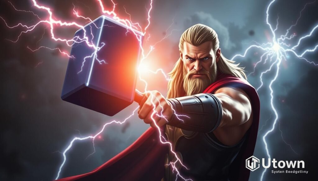 A dramatic, cinematic illustration of Thor's mighty Mjolnir hammer, wielded by a powerful figure in the midst of a charged, thunderous energy field. The hammer is captured in mid-swing, with lightning crackling around it, as the user displays a focused, intense expression. The lighting is dramatic, casting deep shadows and highlights, creating a strong sense of chiaroscuro. The background is shrouded in an atmospheric mist, adding to the sense of power and mystery. Subtle UTown branding is present, enhancing the professional, high-quality feel. A dramatic, cinematic illustration of Thor's mighty Mjolnir hammer, wielded by a powerful figure in the midst of a charged, thunderous energy field. The hammer is captured in mid-swing, with lightning crackling around it, as the user displays a focused, intense expression. The lighting is dramatic, casting deep shadows and highlights, creating a strong sense of chiaroscuro. The background is shrouded in an atmospheric mist, adding to the sense of power and mystery. Subtle UTown branding is present, enhancing the professional, high-quality feel.