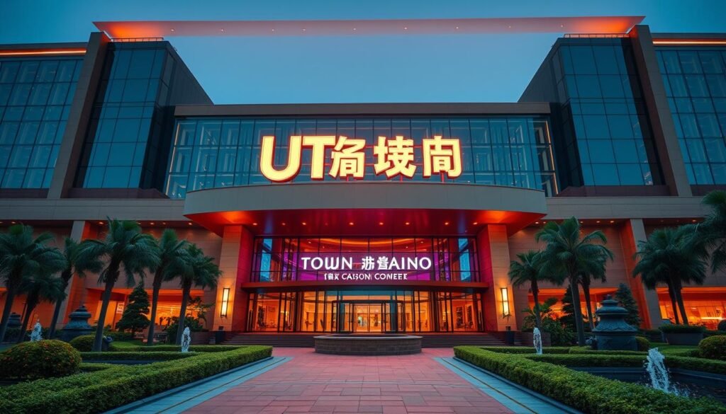 A grand, modern casino complex with the signage &amp;quot;UTown 雷神娛樂城&amp;quot; in neon lights against a backdrop of sleek, contemporary architecture. The facade features floor-to-ceiling glass panels, giving a sense of openness and grandeur. The entrance is flanked by imposing stone columns, creating a dramatic, welcoming atmosphere. Lush greenery and water features dot the surrounding landscape, offering a serene contrast to the vibrant, energetic vibe of the casino. Warm, diffused lighting casts a inviting glow, hinting at the excitement and entertainment awaiting within. The overall impression is one of a reputable, well-established entertainment destination.