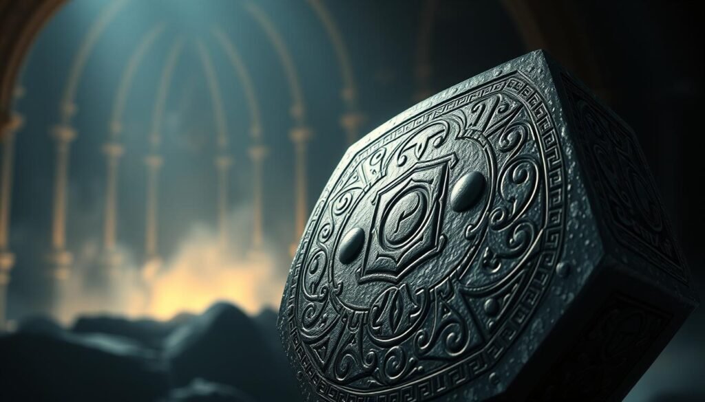 A high-resolution digital illustration showcasing the intricate details of Thor's Mjolnir hammer, the iconic weapon of the Norse god of thunder. The hammer is depicted in the foreground, its surface meticulously crafted with runes and intricate engravings. The middle ground reveals a dimly lit, mystical background, hinting at the hammer's otherworldly origins. Subtle lighting effects cast dramatic shadows, lending an air of power and mystery to the scene. The overall mood is one of awe and reverence, capturing the essence of this legendary artifact. UTown