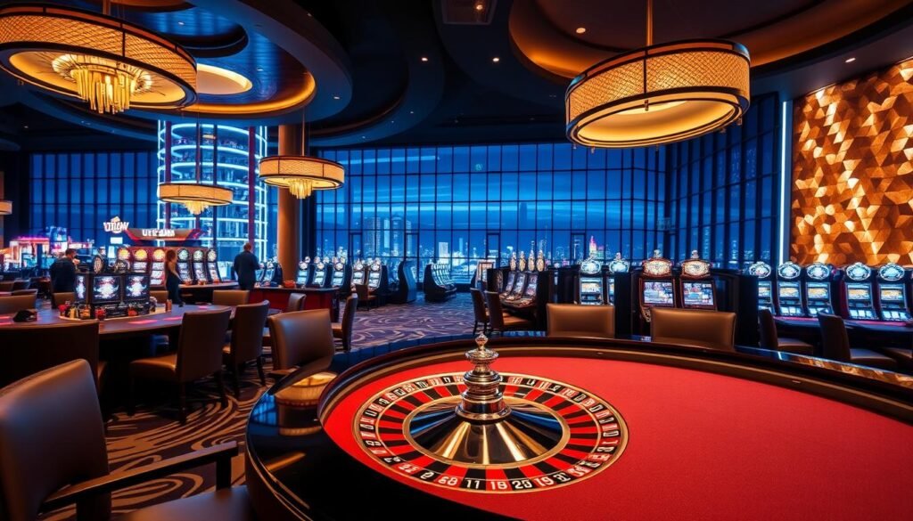 A modern and lively casino interior, showcasing the UTown entertainment complex. In the foreground, a large, well-lit gaming table featuring a dynamic roulette wheel and various casino chips. Surrounding the table, high-backed leather chairs and elegant lighting fixtures create an atmosphere of sophistication. In the middle ground, a panoramic view of the casino floor, with rows of slot machines and gaming stations, all bathed in a warm, inviting glow. In the background, a towering glass façade offers a glimpse of the cityscape beyond, hinting at the excitement and possibilities that await within the UTown entertainment destination.