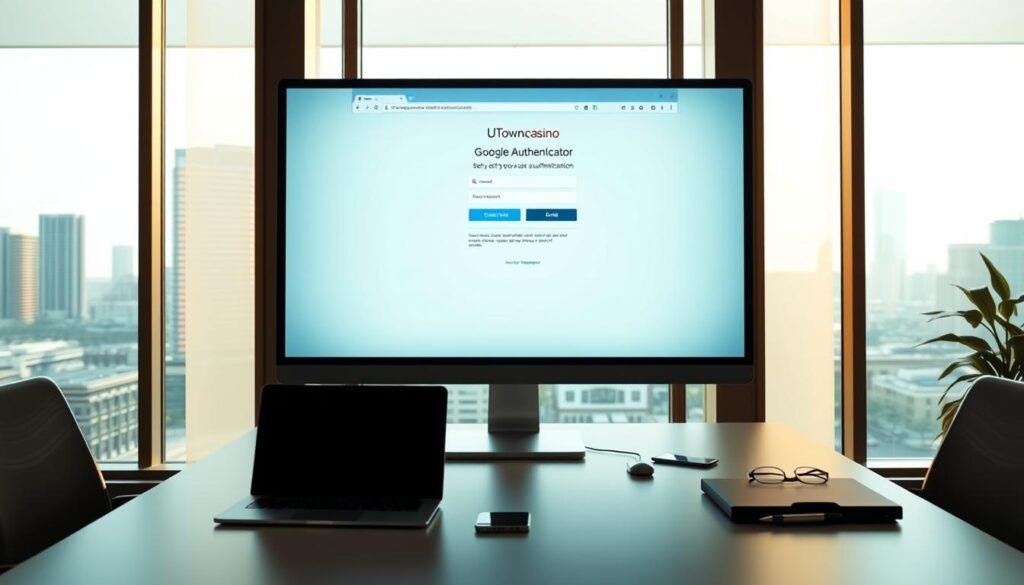 A sleek and modern-looking office interior with a large computer screen displaying the UTown casino website's "Google Authenticator" login screen. The screen shows a QR code and instructions for setting up two-factor authentication. The room is bathed in a warm, natural light from large windows, creating a calming atmosphere. A minimalist desk with a laptop, smartphone, and other office supplies is positioned in the foreground, suggesting a professional and efficient work environment. The background features a cityscape visible through the windows, hinting at the urban setting of the UTown casino. A sleek and modern-looking office interior with a large computer screen displaying the UTown casino website's "Google Authenticator" login screen. The screen shows a QR code and instructions for setting up two-factor authentication. The room is bathed in a warm, natural light from large windows, creating a calming atmosphere. A minimalist desk with a laptop, smartphone, and other office supplies is positioned in the foreground, suggesting a professional and efficient work environment. The background features a cityscape visible through the windows, hinting at the urban setting of the UTown casino.