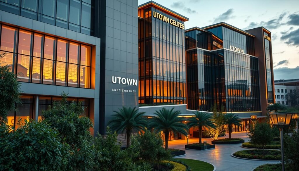 A sprawling, modern UTown entertainment complex with sleek, glass-paneled facades and lush, verdant landscaping. The building's architecture features clean lines, sharp angles, and a harmonious blend of traditional and contemporary design elements. Warm, indirect lighting illuminates the exterior, creating a welcoming and inviting atmosphere. The scene captures the convenience and accessibility of the UTown's streamlined onboarding process, reflecting the effortless and hassle-free experience for new customers. The overall mood is one of sophistication, modernity, and efficiency, perfectly encapsulating the essence of the &quot;UTown's Seamless Account Opening&quot; section.