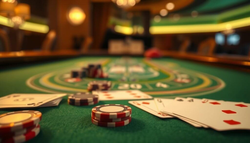 A close-up view of a gaming table with a green felt surface, showcasing the traditional baccarat game layout. In the foreground, playing cards and casino chips are neatly arranged, hinting at the rules and mechanics of the game. The middle ground features a stylized baccarat table with a curved edge, evocative of the sophisticated casino ambiance. The background is softly blurred, creating a sense of depth and focus on the central elements. The lighting is warm and subtle, casting a gentle glow over the scene, conveying the allure and elegance associated with the game of baccarat.