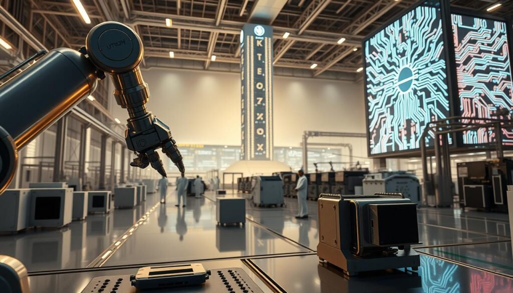 A futuristic scene depicting the technological prowess of UTown. In the foreground, a sleek, metallic robotic arm meticulously assembles a cutting-edge electronic component. The middle ground showcases a vast, gleaming factory floor, bustling with automated machinery and technicians in clean-room attire. In the background, a towering, ultra-modern facility stands as a testament to UTown's commitment to innovation, its facade adorned with intricate, LED-illuminated circuit patterns. Soft, directional lighting casts a warm, almost ethereal glow, highlighting the precision and sophistication of UTown's advanced manufacturing processes. The overall atmosphere conveys a sense of technological prowess, efficiency, and a vision for the future of electronic engineering. A futuristic scene depicting the technological prowess of UTown. In the foreground, a sleek, metallic robotic arm meticulously assembles a cutting-edge electronic component. The middle ground showcases a vast, gleaming factory floor, bustling with automated machinery and technicians in clean-room attire. In the background, a towering, ultra-modern facility stands as a testament to UTown's commitment to innovation, its facade adorned with intricate, LED-illuminated circuit patterns. Soft, directional lighting casts a warm, almost ethereal glow, highlighting the precision and sophistication of UTown's advanced manufacturing processes. The overall atmosphere conveys a sense of technological prowess, efficiency, and a vision for the future of electronic engineering.
