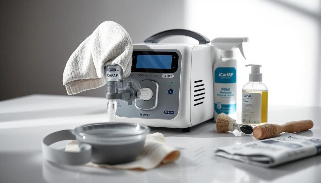 A well-lit and detailed image of a sleep apnea CPAP machine from the iCareCPAP brand, positioned on a clean, white surface. The machine is prominently displayed, with its various components, including the mask, tubing, and control panel, clearly visible. The foreground shows the CPAP machine being meticulously cleaned with a soft, lint-free cloth, highlighting the importance of regular maintenance. The middle ground features cleaning supplies, such as a small bowl of mild soap and water, a brush, and a disinfecting wipe, suggesting a thorough cleaning process. The background is a calm, minimalist space, allowing the CPAP machine to be the focal point. The overall atmosphere conveys a sense of care and attention to detail in the proper maintenance of this medical device. A well-lit and detailed image of a sleep apnea CPAP machine from the iCareCPAP brand, positioned on a clean, white surface. The machine is prominently displayed, with its various components, including the mask, tubing, and control panel, clearly visible. The foreground shows the CPAP machine being meticulously cleaned with a soft, lint-free cloth, highlighting the importance of regular maintenance. The middle ground features cleaning supplies, such as a small bowl of mild soap and water, a brush, and a disinfecting wipe, suggesting a thorough cleaning process. The background is a calm, minimalist space, allowing the CPAP machine to be the focal point. The overall atmosphere conveys a sense of care and attention to detail in the proper maintenance of this medical device.