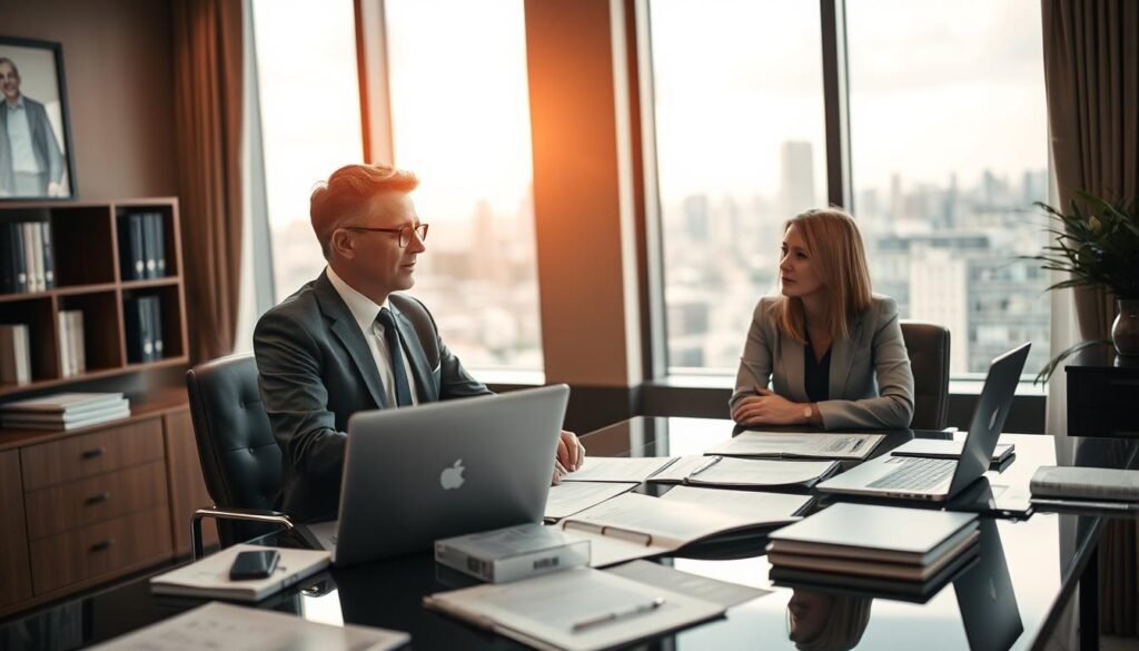 a professional and elegant office environment with a well-dressed person sitting at a desk, discussing loan options and financial planning with a client, surrounded by financial documents, a laptop, and other office accessories, lit by warm, directional lighting, with a blurred city skyline visible through large windows in the background, conveying an atmosphere of trust, expertise, and personalized financial services
