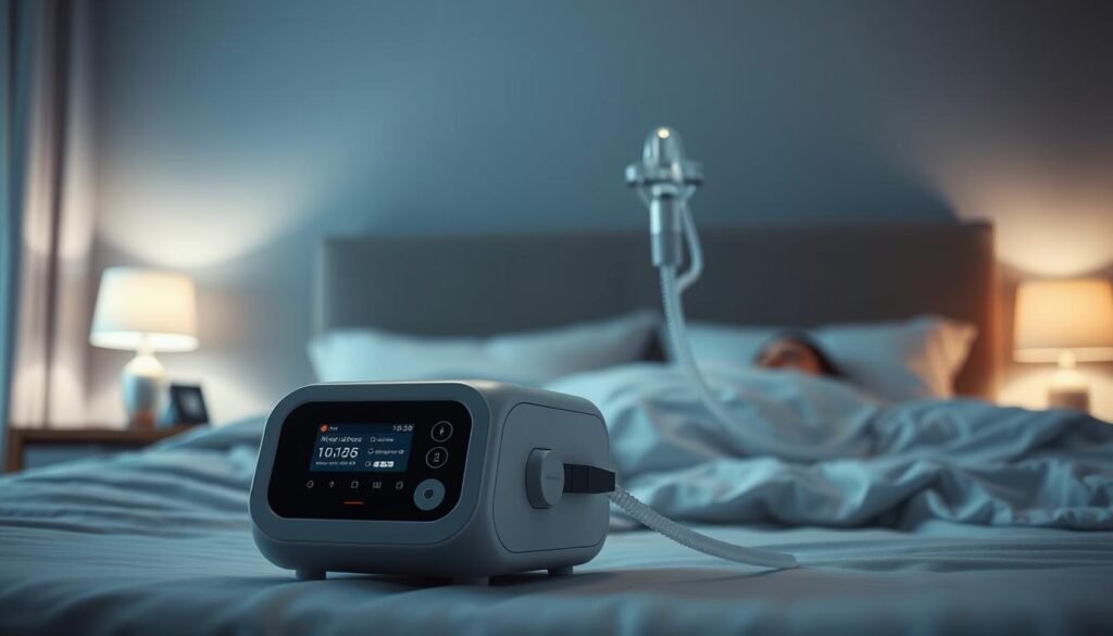 A high-resolution, detailed image of a sleek, modern iCareCPAP sleep apnea machine in the foreground. The device is depicted with a clean, minimalist design, featuring a digital display and various control buttons. The middle ground shows the machine connected to tubing and a face mask, illustrating its function in assisting with breathing during sleep. The background depicts a serene, dimly lit bedroom environment, with soothing lighting and soft, calming textures to convey the importance and purpose of the sleep apnea device. The overall scene emphasizes the medical technology's role in promoting healthy sleep and respiratory function.