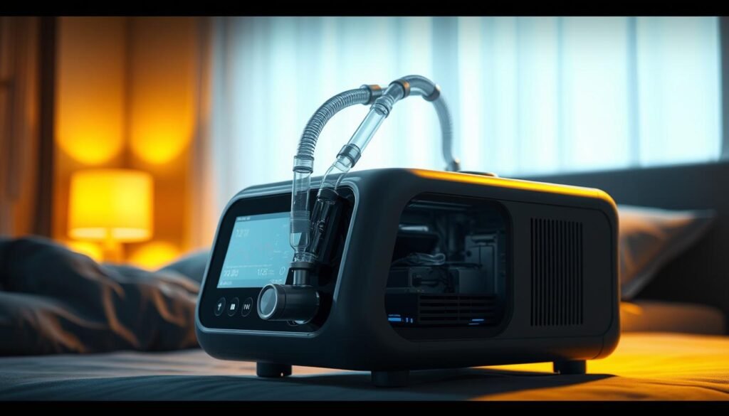 A detailed, technical illustration of an iCareCPAP sleep apnea machine, capturing its precise mechanisms and functionality. Centered in the frame, the device is rendered with high fidelity, showcasing its sleek, modern design. The foreground highlights the control panel and airflow components, while the middle ground reveals the internal structure, conveying a sense of technical sophistication. The background subtly blends into a dimly lit, serene environment, emphasizing the machine's role in facilitating restful sleep. Warm, directional lighting casts soft shadows, enhancing the three-dimensional quality and creating an atmosphere of tranquility. The overall composition aims to educate and inform the viewer about the key features and purpose of this essential sleep health device.