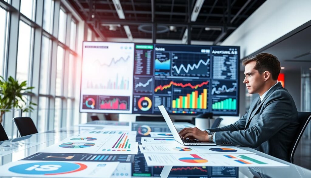 A modern office environment with a sleek desk filled with colorful charts and graphs depicting advertising performance data. In the foreground, a professional businessperson in smart attire is analyzing the data on a laptop, looking focused and engaged. The middle ground features a large, high-resolution digital screen displaying real-time analytics and trends in ad performance, complete with intricate data visualizations. The background shows a minimalist office design, with large windows allowing natural light to flood the space, creating a bright and energetic atmosphere. The overall mood is one of professionalism, clarity, and ambition, emphasizing the importance of data analysis in advertising strategy. The lighting is bright and inviting, enhancing the focus on the work being done.