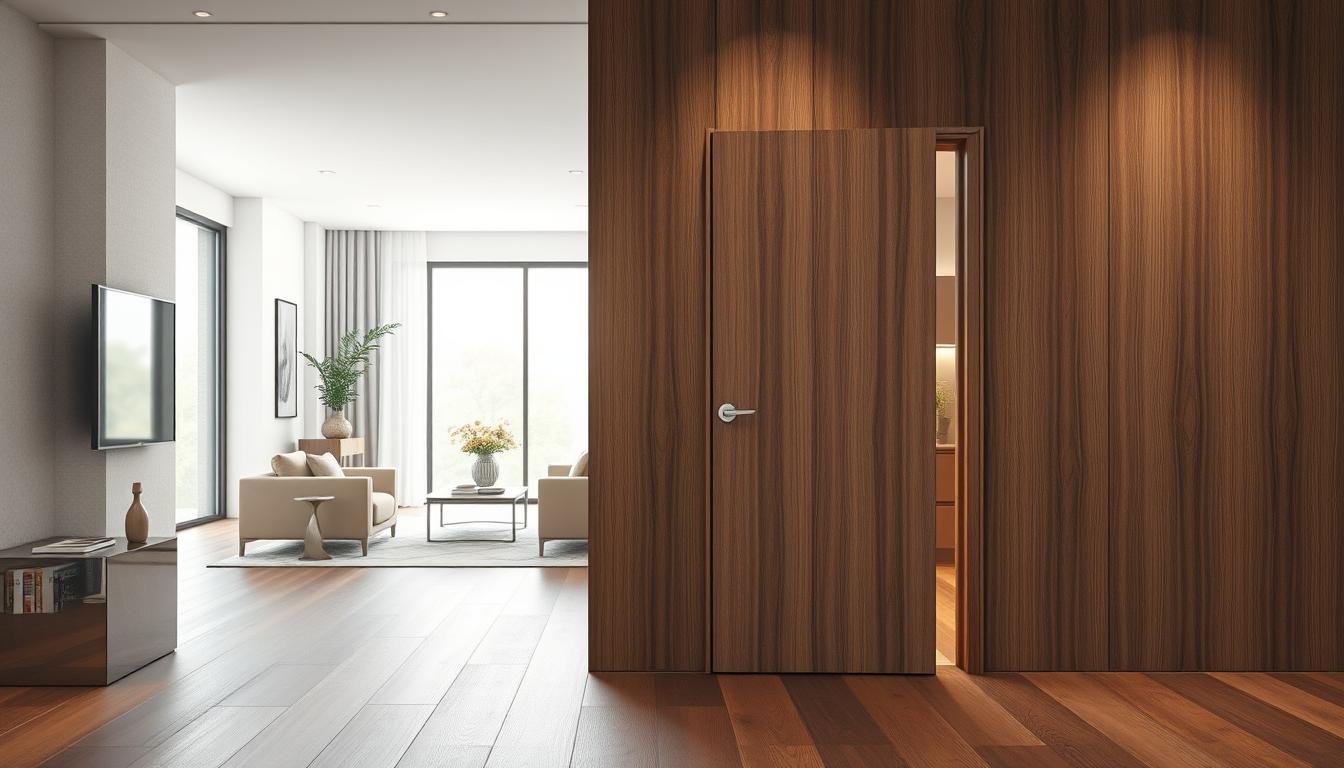A modern interior scene showcasing the aesthetic and functional application of a hidden door design. The foreground features a sleek, minimalist hidden door seamlessly integrated into a stylish wall, adorned with textured wood paneling. In the middle, a bright, airy living space is visible, accented with elegant furniture and tasteful decor, highlighting the door's unobtrusive nature. The background reveals a soft, warm light streaming in from large windows, creating a cozy ambiance. Capture this scene with a slight angle to emphasize the hidden door’s cleverness and design. The mood should feel sophisticated and inviting, illustrating the innovative use of hidden doors in contemporary interior design.