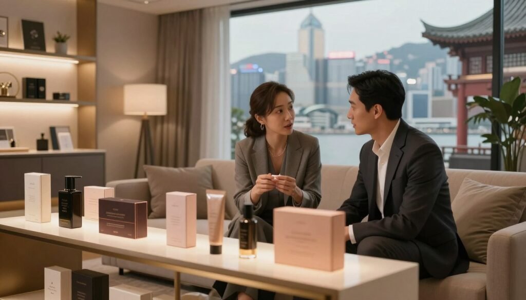 A modern, stylish living room in Hong Kong, subtly highlighting the evolution of cultural acceptance toward intimate products. In the foreground, a well-organized shelf displays elegant, tasteful items like high-quality packaging, emphasizing sophistication and discretion. The middle ground features a cozy couple in professional attire, discussing the items with interest, conveying warmth and openness. The background showcases iconic Hong Kong architecture, blending tradition with modernity, under soft, romantic lighting that creates a welcoming atmosphere. The scene's colors are warm and inviting, evoking intimacy and acceptance, with a cinematic atmosphere that enhances the overall feel of the image. Ensure a 4:3 aspect ratio for a balanced composition without any text or distractions in the frame.