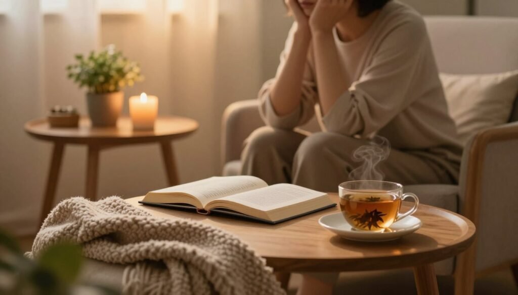 A serene, cozy indoor setting that conveys emotional health and well-being. In the foreground, a beautifully arranged space featuring a soft, inviting armchair draped with a textured blanket, symbolizing comfort. A tasteful wooden side table holds a candle and a small potted plant, enhancing the intimate atmosphere. In the middle, an open book and a cup of herbal tea suggest relaxation and self-care, while a subtle silhouette of a person in modest casual attire is seen in a thoughtful pose, reflecting on their emotional health. The background features soft, warm lighting that bathes the scene in a golden hue, creating a cinematic vibe. The overall mood is tranquil and nurturing, emphasizing the positive aspects of self-exploration and emotional well-being. 4:3 aspect ratio.