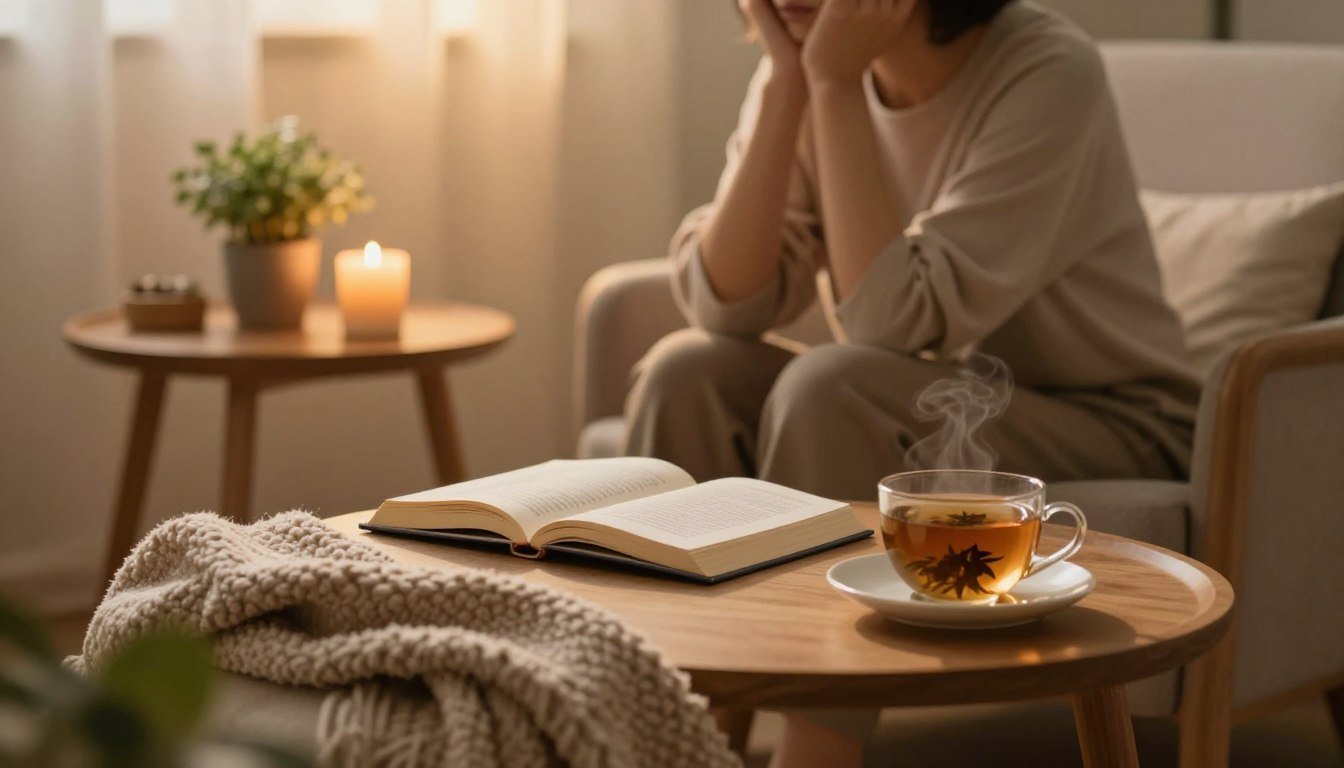 A serene, cozy indoor setting that conveys emotional health and well-being. In the foreground, a beautifully arranged space featuring a soft, inviting armchair draped with a textured blanket, symbolizing comfort. A tasteful wooden side table holds a candle and a small potted plant, enhancing the intimate atmosphere. In the middle, an open book and a cup of herbal tea suggest relaxation and self-care, while a subtle silhouette of a person in modest casual attire is seen in a thoughtful pose, reflecting on their emotional health. The background features soft, warm lighting that bathes the scene in a golden hue, creating a cinematic vibe. The overall mood is tranquil and nurturing, emphasizing the positive aspects of self-exploration and emotional well-being. 4:3 aspect ratio.
