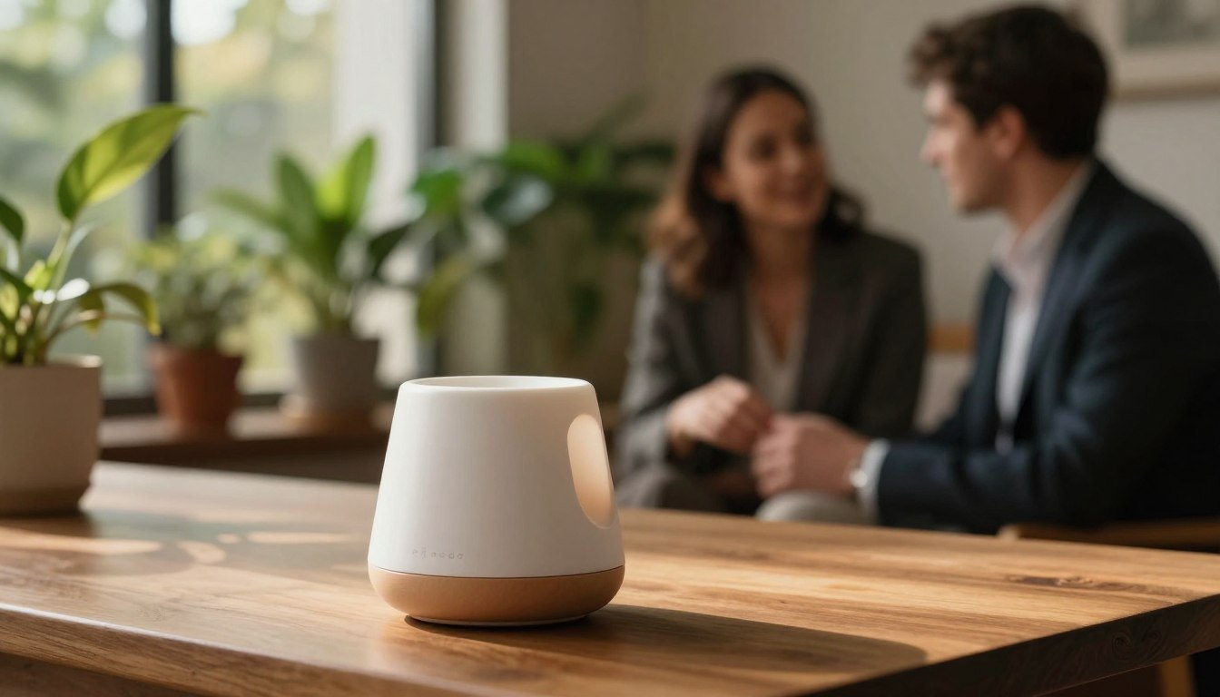 A sleek, eco-friendly vibrating cup designed with sustainable materials sits elegantly on a wooden table, symbolizing modern innovation. The foreground features the cup, highlighting its unique, ergonomic shape and smooth texture. In the middle ground, soft, lush greenery and potted plants suggest a connection to nature and sustainability. The background is filled with warm ambient light filtering through a window, creating a cozy atmosphere. A couple in professional attire is softly illuminated, engaged in a thoughtful conversation, underlining the themes of intimacy and connection. The overall mood is warm and inviting, emphasizing the environmental benefits of using sustainable products. The image is framed in a 4:3 aspect ratio, ensuring a cinematic quality.