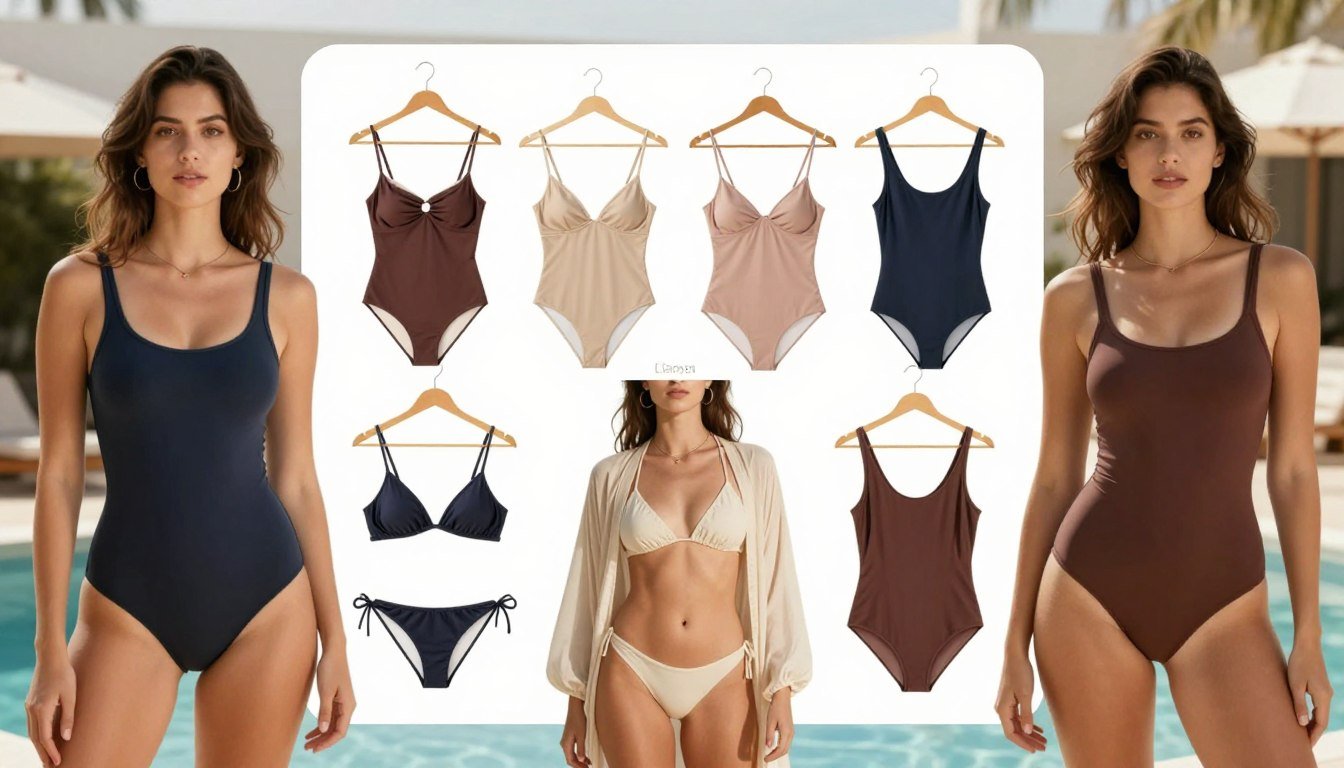 A stylish, informative guide on women's swimwear body shape pairing, featuring various modest swimwear designs arranged by body shape types. In the foreground, showcase three diverse female figures of different body types dressed in elegant, non-revealing swimwear styles, such as a sporty one-piece, a chic bikini with a cover-up, and a fashionable tankini. In the middle, include a visually appealing layout of swimwear options on hangers or laid out, with labels indicating their suitability for each body shape. The background features a serene poolside setting with soft, warm lighting, creating a cozy, inviting atmosphere reminiscent of a sunny day at a resort. The image should capture a blend of inspiration and guidance while emphasizing respectful and tasteful swimwear choices.