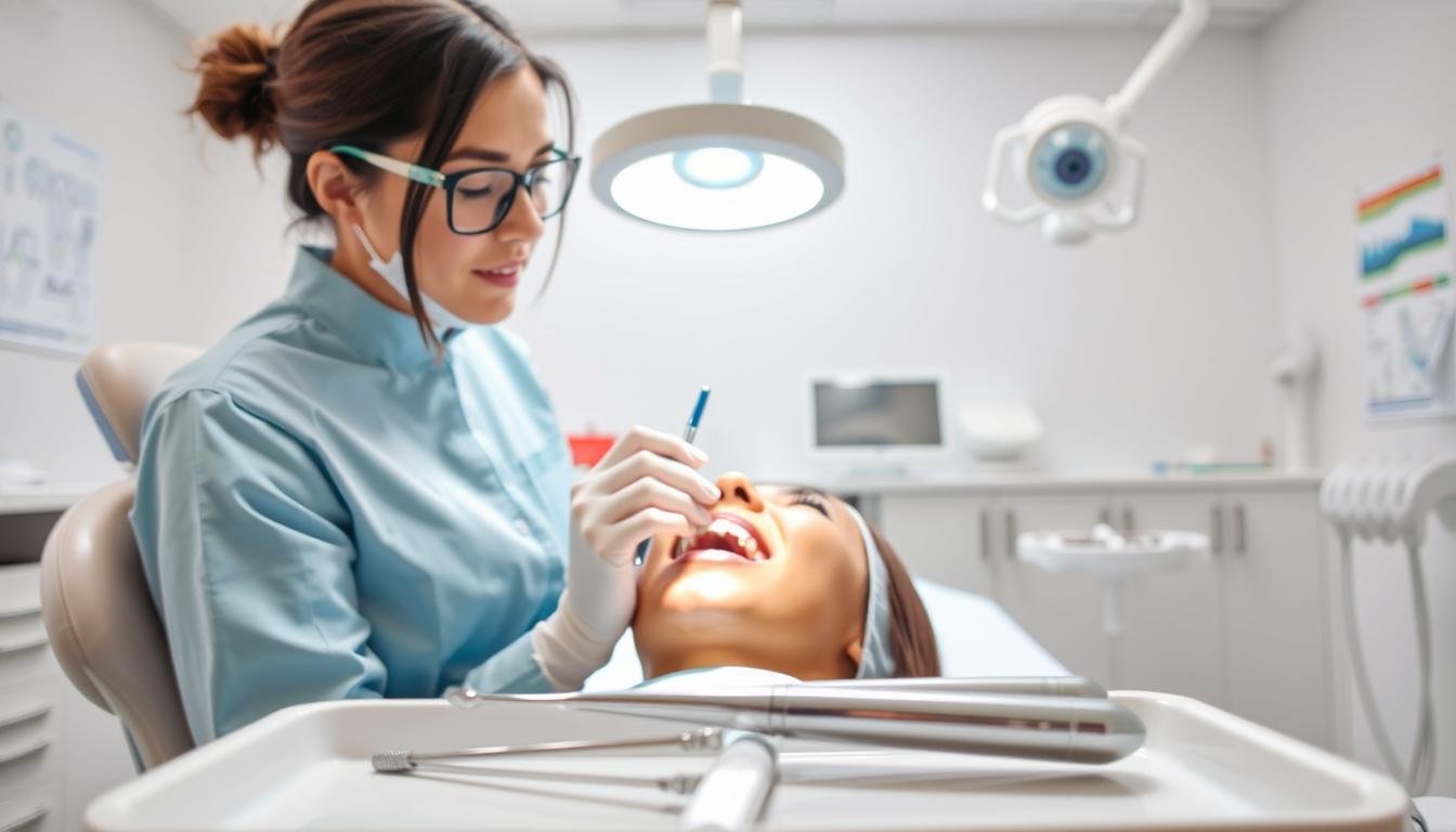 A close-up of a dental hygienist in professional attire, focused on examining a patient's teeth in a bright and sterile dental office. The foreground features dental tools, such as a scaler and mirror, meticulously arranged on a tray. In the middle, the hygienist gently holds the patient's chin, illuminating the mouth with a soft, bright light from an overhead lamp. The background conveys a clean, white environment with dental charts and equipment strategically placed, emphasizing a state-of-the-art dental practice. The atmosphere is calm and reassuring, highlighting the importance of thorough oral health checks and the discovery of hidden cavities. The image captures a professional and hygienic setting, free of any text or distractions.