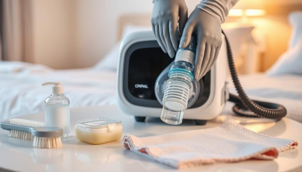 A clean and organized workspace illustrating the maintenance of a Good CPAP sleep apnea machine. In the foreground, a well-lit table featuring essential CPAP cleaning supplies: a soft brush, soap, and a microfiber cloth. In the middle, a CPAP machine with clear details, showing its hose and filter being carefully cleaned by a pair of hands wearing latex gloves, emphasizing proper hygiene practices. The background reveals a calming bedroom setting with soft, ambient lighting, creating a peaceful atmosphere. The entire scene conveys a sense of care and professionalism, highlighting the importance of regular maintenance to ensure the efficacy and safety of the CPAP device.