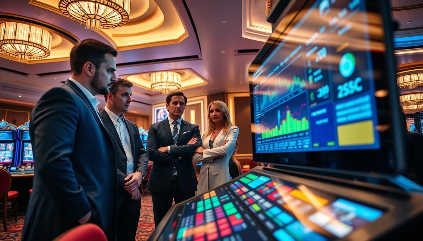 A high-tech gaming fairness monitoring system in a sleek, modern design, set in a sophisticated casino environment. In the foreground, a large digital screen displays real-time analytics and statistics of gameplay, with colorful graphs and charts. In the middle, a group of professional-looking individuals in business attire are observing the system attentively, discussing data points with expressions of focus and engagement. The background features elegant casino decor, with soft ambient lighting highlighting luxurious materials. The mood is intense and professional, emphasizing the importance of fairness and transparency in gaming. The scene is captured from a low angle, with a wide lens to encompass the technology and human interaction, showcasing a vibrant yet serious atmosphere.