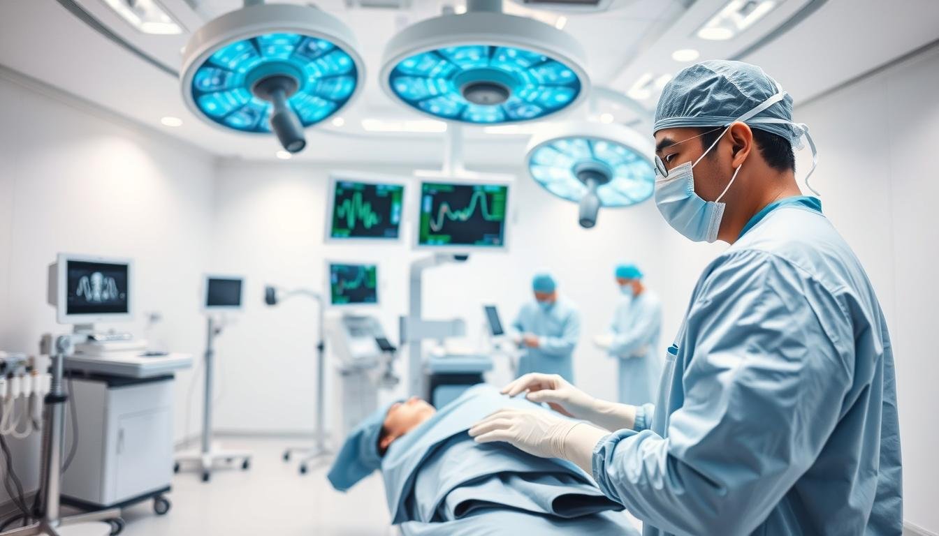 A modern minimally invasive surgery center, showcasing a surgical workflow. In the foreground, a surgeon in professional attire, focused and precise, performing a procedure on a patient lying on the operating table. The middle ground features advanced surgical equipment, monitors displaying vital signs, and sterile instruments neatly arranged. In the background, a bright, well-lit, and clean environment with medical staff preparing for the next procedure. Soft, diffused lighting creates a sterile yet calming atmosphere, emphasizing the efficiency and professionalism of the center. The camera angle is slightly elevated, offering a comprehensive view of the surgical environment without including any text or distractions.