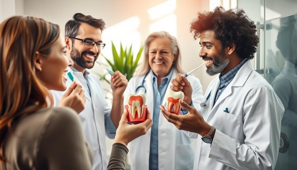 A bright and inviting dental hygiene scene showing a diverse group of adults engaging in proper brushing and flossing techniques. In the foreground, feature a well-groomed adult woman demonstrating correct brushing with a toothbrush, using a mirror. Beside her, a determined adult man is flossing between his teeth, concentrating on his technique. In the middle ground, a dentist, dressed in a white coat, smiles approvingly, holding a model of a tooth with healthy gums. The background should depict a serene bathroom setting with natural light streaming in, plants for a touch of greenery, and dental hygiene products neatly arranged. The overall mood is one of encouragement and empowerment, emphasizing the importance of daily dental care for long-term oral health post-endodontic treatment.