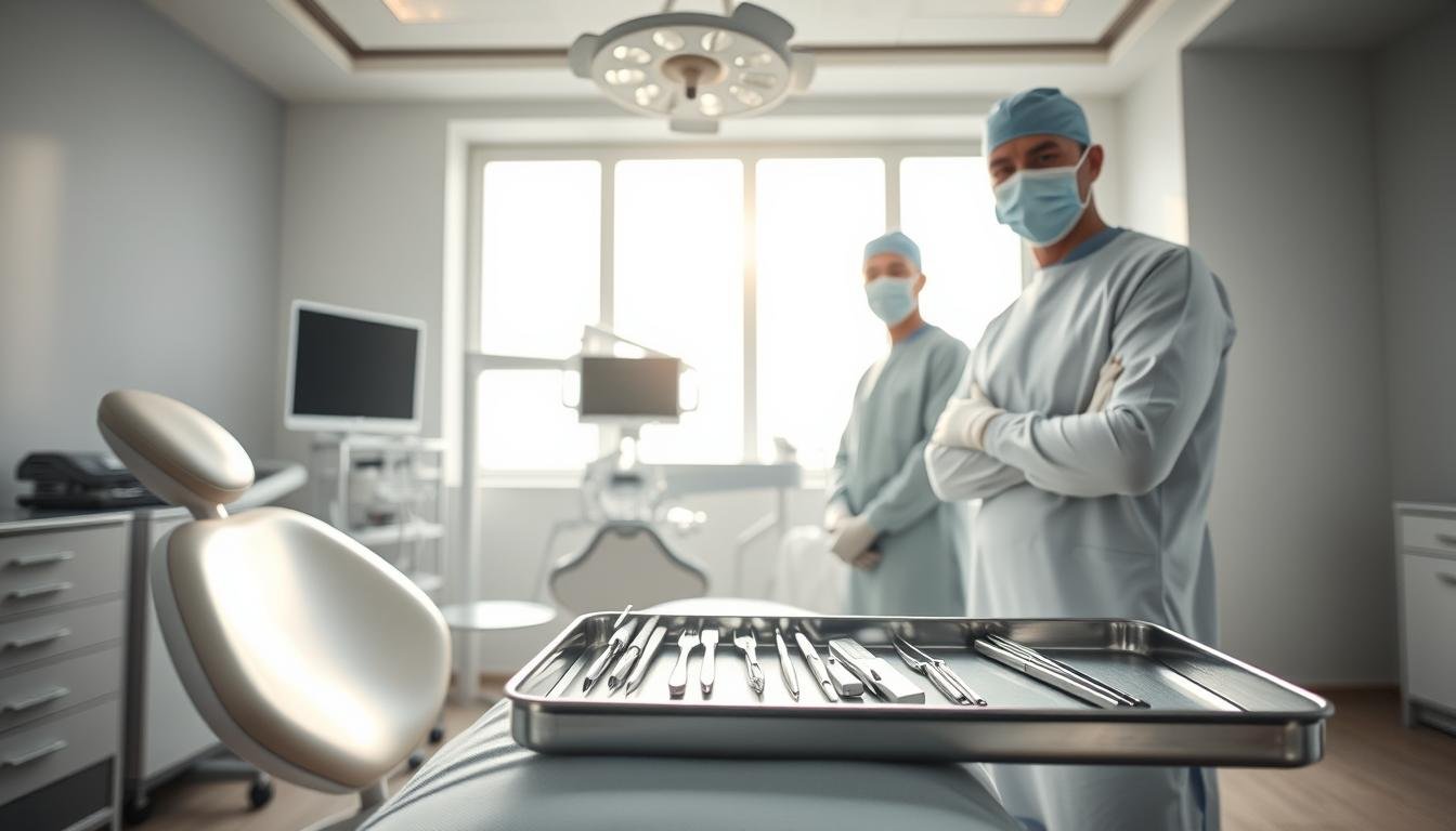 A bright, sterile dental surgery room emphasizing the strict aseptic standards of dental implant surgery. In the foreground, a modern dental chair, neatly covered with a sterile drape, illuminated by soft, even lighting from overhead surgical lights. The middle ground features professional dental tools meticulously arranged on a stainless steel tray, reflecting cleanliness and precision. In the background, large windows allow natural light to filter in, enhancing the calm and safe atmosphere. The room is decorated in soothing colors, conveying a sense of trust and professionalism. A dental surgeon, dressed in appropriate surgical attire, including a mask and gloves, stands ready to begin the operation, focusing on maintaining the highest hygiene standards. The mood is serious yet reassuring, emphasizing safety and expertise.