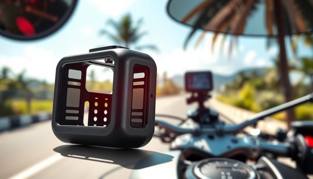 A detailed and innovative motorcycle dashcam casing design, showcasing its heat dissipation features in a tropical climate. In the foreground, a sleek, high-tech dashcam casing with ventilation grills and a matte finish, reflecting innovation. The middle ground displays a bike dashboard with a dashcam mounted, emphasizing durability and modern aesthetics. The background features a soft-focus tropical landscape, hinting at Taiwan's warm and humid environment. Use bright daylight with soft shadows to highlight the casing's design qualities. Capture the atmosphere of reliability and technical sophistication, inviting a sense of safety and assurance in a challenging climate. The composition should be dynamic yet professional, enhancing the product's significance without any additional text or watermarks.