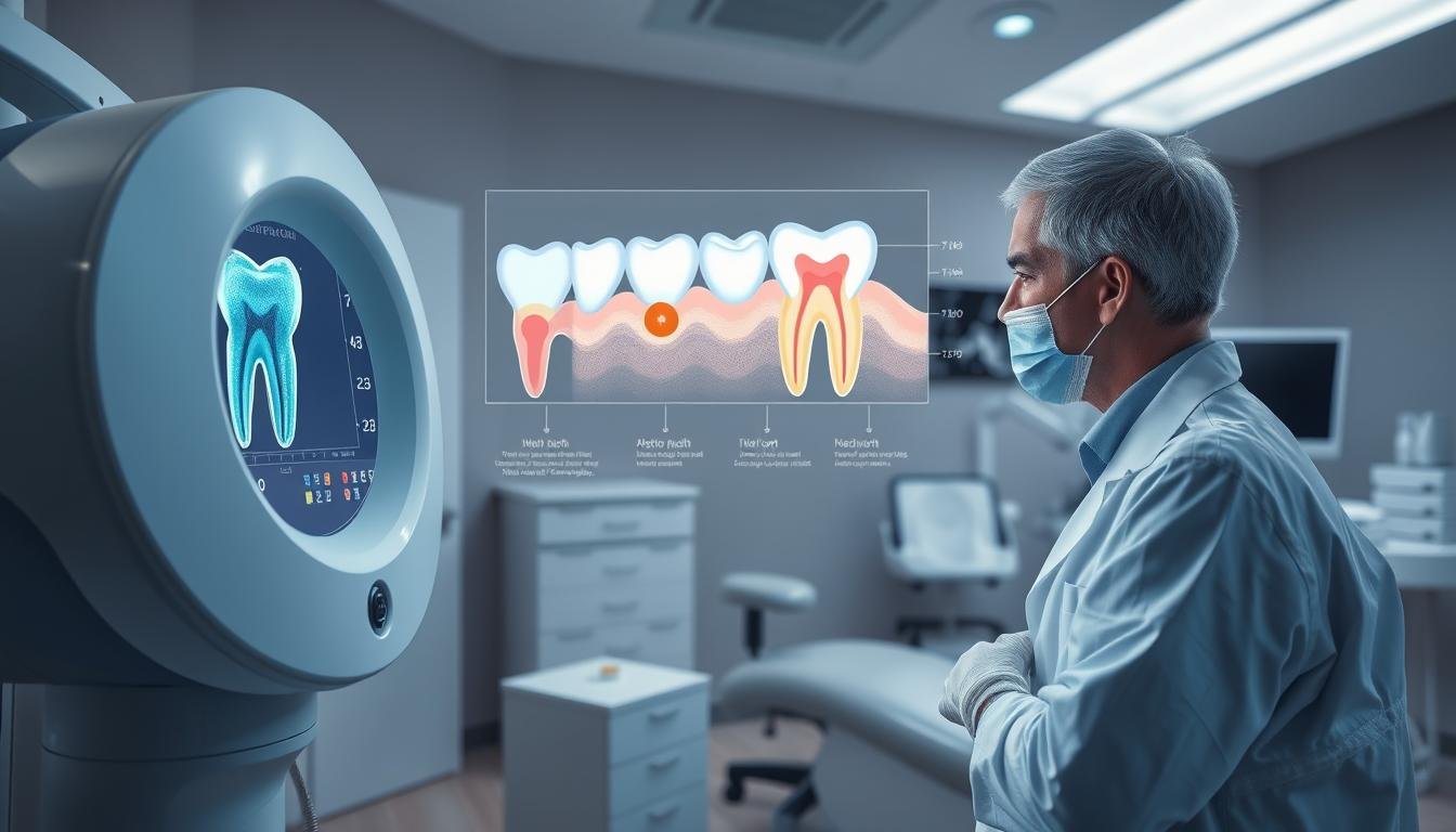 A detailed, scientific illustration of a dental procedure focused on the best treatment methods for "杜牙根" (apical periodontitis). In the foreground, a 3D Cone Beam Computed Tomography (CBCT) machine is shown, with a dental professional in a white lab coat and gloves, carefully examining a digital display of a tooth scan. The middle ground features a detailed tooth anatomy chart with highlighted areas indicating infection and bone growth. In the background, a clinical environment is depicted, including dental tools and a well-lit examination chair. Soft, natural lighting enhances the professional atmosphere, while the color palette consists of cool blues and whites, conveying a sense of precision and medical expertise.
