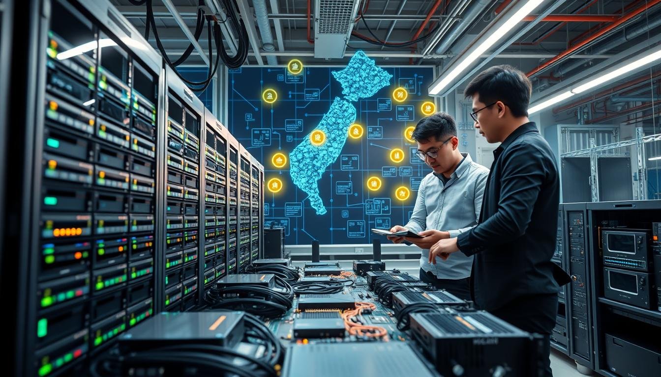 A modern technology hub representing "3A Entertainment's Hardware Upgrade Plan" in Taiwan. In the foreground, showcase sleek network servers and cutting-edge hardware components, highlighting enhancements designed to improve webpage loading speed. In the middle ground, visualize engineers in smart casual clothing collaborating over circuit boards and high-speed data cables, expressing focus and innovation. The background features a digital map of Taiwan with glowing markers indicating local CDN nodes, enhancing the sense of infrastructure expansion. Use dynamic lighting to create a clear, professional atmosphere, emphasizing a sense of forward-thinking development. The angle should be slightly elevated, providing a comprehensive view that conveys the scale and importance of the upgrades.