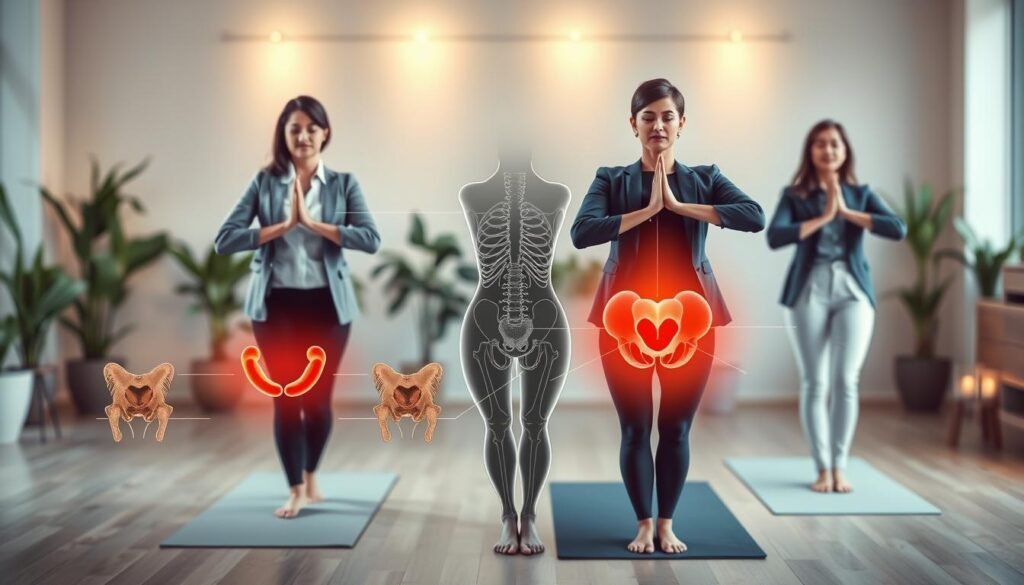 A serene and informative illustration depicting the importance of pelvic floor rehabilitation. In the foreground, show a diverse group of three women, dressed in professional business attire, engaging in mindful exercises, such as yoga or pilates, emphasizing their core strength. In the middle ground, include anatomical drawings of the pelvic floor muscles, highlighted to show their structure and function, seamlessly blending with the women’s activities. The background should display a calming wellness studio, adorned with plants and soft ambient lighting to create a peaceful atmosphere. Use a soft focus lens to ensure clarity on the subjects while softly blurring the background, evoking a sense of tranquility and focus on health and well-being. The overall mood should be one of empowerment and awareness.