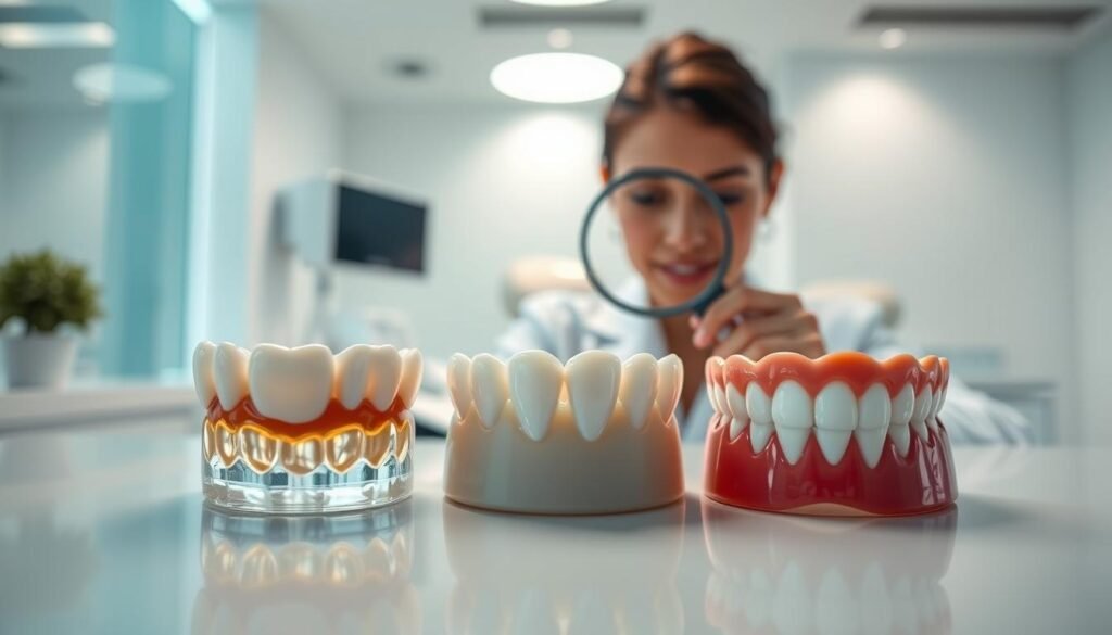 A visually engaging composition showcasing a comparison between various styles of all-ceramic dental crowns and the Glow Smile brand. In the foreground, there are three distinct all-ceramic crowns displayed on a well-lit porcelain surface, each reflecting different shades and designs. The middle layer features a dental professional in a white coat, examining the crowns with a magnifying glass, conveying expertise and trust. The background consists of a clean, modern dental clinic with soft, diffused lighting, enhancing the serene and professional atmosphere. The image is shot at eye level to create intimacy, with a shallow depth of field that subtly blurs the clinic's background. The overall mood should evoke professionalism and care, highlighting the importance of choosing the right dental crown brand after root canal treatment.