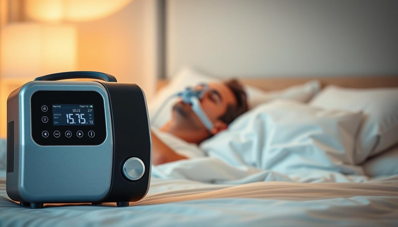 A visually striking and informative image depicting a sleep apnea machine prominently in the foreground, illustrating its design features and control interface. The machine, sleek and modern, showcases its digital display and airflow settings. In the middle ground, include a person wearing a nasal CPAP mask, comfortably resting in bed, demonstrating the machine's effect on improving breathing during sleep. The background features a softly lit bedroom setting with calming colors, such as light blues and whites, creating a serene atmosphere. Use warm, soft lighting to enhance the sense of tranquility, and a shallow depth of field to keep the focus on the machine and the user. The overall mood should evoke comfort, health improvement, and a peaceful night's sleep.