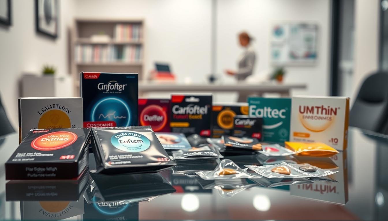 A focused display of various ultra-thin safety condoms arranged artistically in a clean, modern setting. In the foreground, a sleek glass table showcases several distinctive condom packages, emphasizing their labeling and unique designs. The middle ground features an assortment of these products, illuminated by soft, diffused lighting that highlights their textures. In the background, a subtle blur of a professional office environment conveys a serious yet approachable atmosphere, with soft-focus books and medical charts subtly hinting at safety and compliance themes. The overall mood is informative and engaging, encouraging viewers to explore the choice of safety products. The image is shot from a slightly elevated angle with a wide lens, ensuring a comprehensive view of the selection without any distractions, focusing solely on the products themselves.