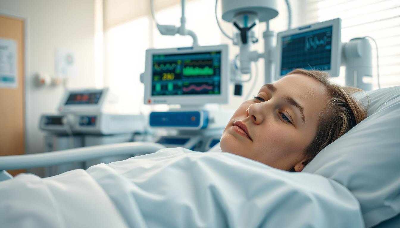 A medical setting showcasing a patient in a hospital bed after otolaryngology (ENT) surgery, with a visible, high-tech ventilator providing respiratory support. In the foreground, focus on the patient's face lightly resting on a pillow, looking peaceful and relaxed. The patient is wearing a modest hospital gown, and their features show mild post-surgery swelling. In the middle ground, highlight medical equipment neatly arranged around the bed, such as monitors displaying vital signs and the ventilator's controls. The background should reveal a softly lit room with medical charts and equipment, conveying a calm, professional atmosphere. Use soft, natural lighting to enhance the comforting mood, and angle the shot slightly above the patient for a gentle perspective.