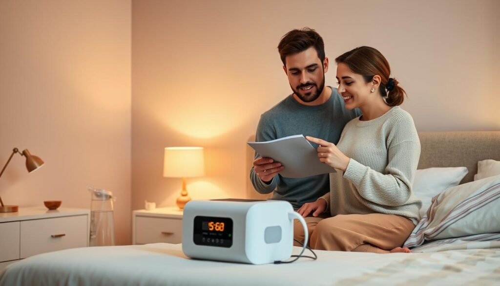 A modern bedroom scene featuring a newlywed couple discussing the effective use of a sleep apnea machine. In the foreground, the couple, dressed in comfortable but modest clothing, is examining the device on a bedside table. One person is holding a user manual, while the other points at the machine, showing engagement and communication. The middle ground includes a softly lit nightstand with a digital clock and a water pitcher. The background showcases a warm, inviting bedroom with pastel walls, dim ambient lighting from a bedside lamp, and a neatly made bed. The overall atmosphere is calm and supportive, emphasizing collaboration and care in the usage of the sleep apnea machine. The image should be captured with a soft focus using a standard lens to enhance intimacy and warmth.