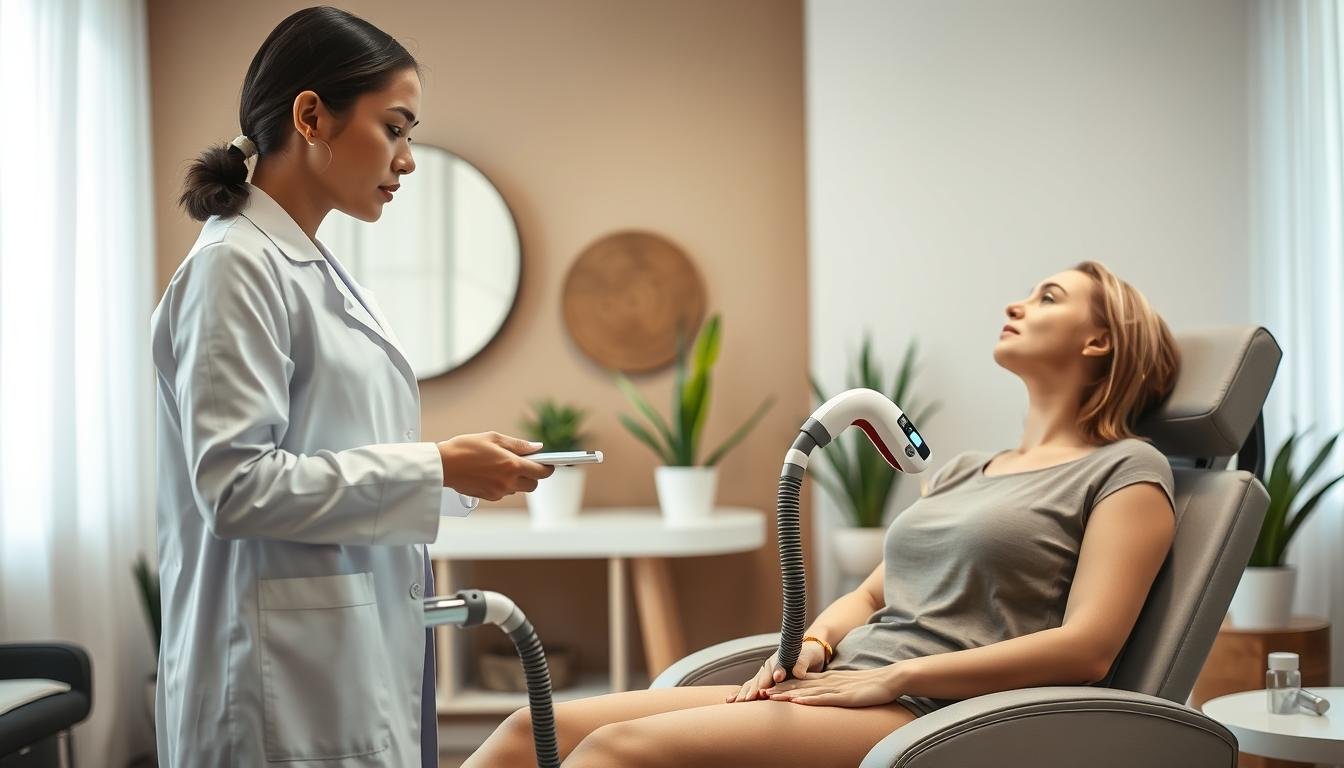 A serene and professional beauty clinic setting focused on laser hair removal safety. In the foreground, a well-dressed female aesthetician, wearing a lab coat, gently explains the procedure to a client seated in a reclining chair. The client is dressed in a modest top, looking attentive and relaxed. In the middle, a high-tech laser hair removal device is prominently featured, showcasing its sleek design under bright, soft lighting. In the background, soothing earth tones adorn the walls, and there are potted plants adding a touch of wellness ambiance. The atmosphere is calm and reassuring, emphasizing safety and professionalism in skincare treatments. The lighting is bright yet soft, enhancing the clean and inviting environment of the clinic.