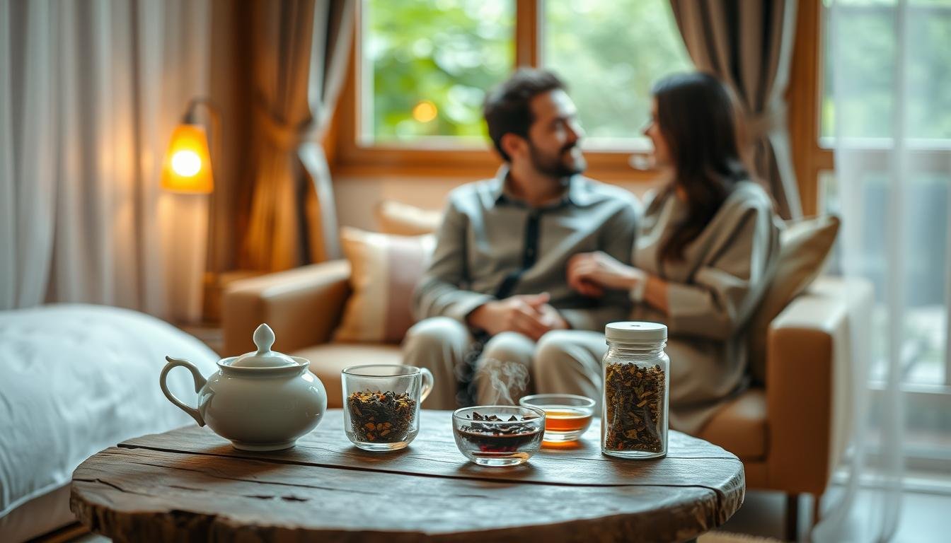 A serene tea experience set in a cozy, softly lit room, with a couple elegantly dressed in modest casual clothing, sharing a moment of relaxation. In the foreground, a beautifully arranged tea setup on a small, rustic wooden table, featuring a delicate tea set, steaming cups, and colorful loose-leaf teas in glass jars. The middle ground showcases the couple engaged in quiet conversation and laughter, framed by soft, warm lighting that creates an intimate atmosphere. The background reveals partially blurred elements of lush greenery outside a window, hinting at a peaceful garden. The scene evokes feelings of tranquility and connection, with cinematic vibes emphasizing the beauty of the moment. The composition should maintain a 4:3 aspect ratio, focusing on warmth and comfort.