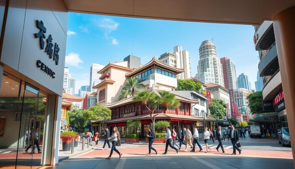 A vibrant urban scene depicting the Sha Tin Traditional Chinese Medicine Center nestled in the heart of Shimen, showcasing its geographical advantages. In the foreground, a modern and welcoming clinic entrance with glass doors, inviting patients inside. In the middle ground, a bustling street with pedestrians walking by, some in professional business attire, reflecting a busy metropolitan lifestyle. The background features traditional Chinese architecture blended with contemporary buildings, lush greenery, and clear blue skies. Soft, warm lighting enhances the atmosphere, creating a sense of tranquility and professionalism. The angle is slightly elevated, providing a comprehensive view of the surrounding environment, emphasizing the clinic’s accessibility and integration within the community.