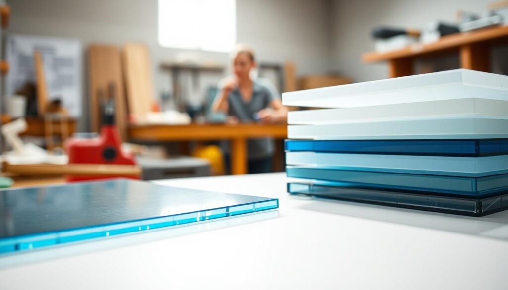 A close-up view of flat polycarbonate sheets stacked neatly, showcasing their smooth, glossy surface and translucent quality. The foreground features several sheets in varying colors—clear, tinted blue, and opaque white—arranged at slightly different angles to capture reflections and light. In the middle ground, the sheets are set against a clean, workshop-like surface with tools and materials subtly blurred in the background. Soft, diffuse natural lighting illuminates the scene from above, creating a bright and inviting atmosphere. The angle is slightly tilted to provide depth and dimension, emphasizing the versatility and strength of these sheets. The overall mood is professional and informative, ideal for showcasing the practical applications of flat polycarbonate sheets. A close-up view of flat polycarbonate sheets stacked neatly, showcasing their smooth, glossy surface and translucent quality. The foreground features several sheets in varying colors—clear, tinted blue, and opaque white—arranged at slightly different angles to capture reflections and light. In the middle ground, the sheets are set against a clean, workshop-like surface with tools and materials subtly blurred in the background. Soft, diffuse natural lighting illuminates the scene from above, creating a bright and inviting atmosphere. The angle is slightly tilted to provide depth and dimension, emphasizing the versatility and strength of these sheets. The overall mood is professional and informative, ideal for showcasing the practical applications of flat polycarbonate sheets.