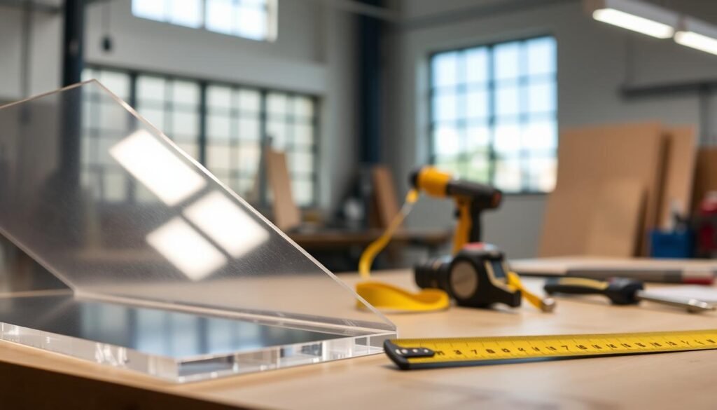 A close-up view of impact-resistant polycarbonate sheets, showcasing their clarity and durability. The foreground features a polished, translucent polycarbonate sheet angled to catch the light, highlighting its strength with surface reflections and subtle textural details. In the middle ground, a clean workspace with tools like a measuring tape and utility knife is visible, emphasizing practicality for projects. The background is softly blurred, hinting at a modern workshop environment with natural light filtering through large windows, creating a bright and inviting atmosphere. The mood is professional and focused, conveying the reliability and quality of VULCAN Plastics products without any text or branding elements. A close-up view of impact-resistant polycarbonate sheets, showcasing their clarity and durability. The foreground features a polished, translucent polycarbonate sheet angled to catch the light, highlighting its strength with surface reflections and subtle textural details. In the middle ground, a clean workspace with tools like a measuring tape and utility knife is visible, emphasizing practicality for projects. The background is softly blurred, hinting at a modern workshop environment with natural light filtering through large windows, creating a bright and inviting atmosphere. The mood is professional and focused, conveying the reliability and quality of VULCAN Plastics products without any text or branding elements.